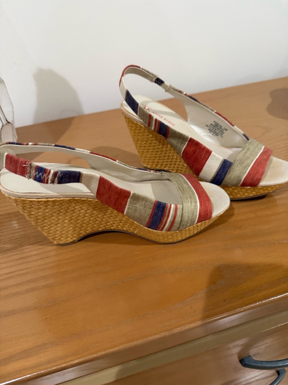 Anne Klein Striped Slingback wedge Sandals multi color band.